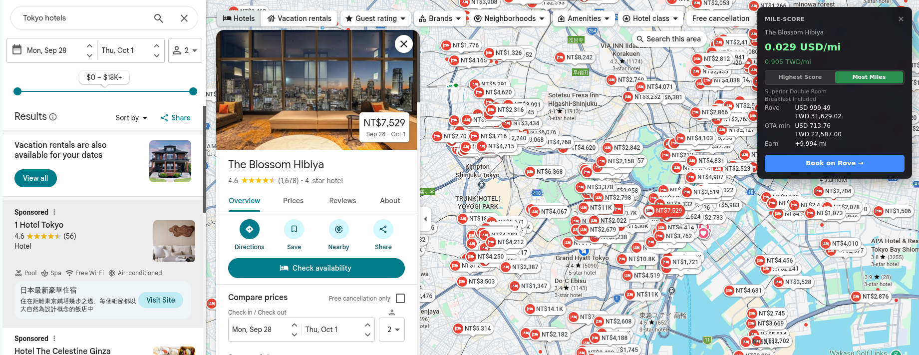 Google Maps hotel detail page with mile-score overlay