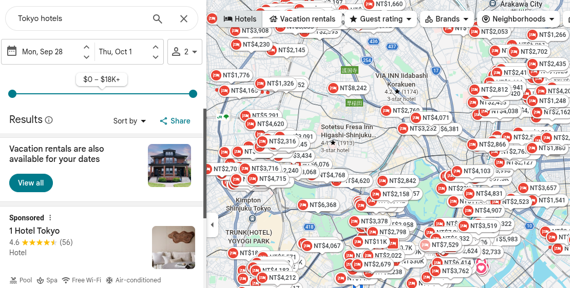 Google Maps Tokyo hotel search results with hotel prices