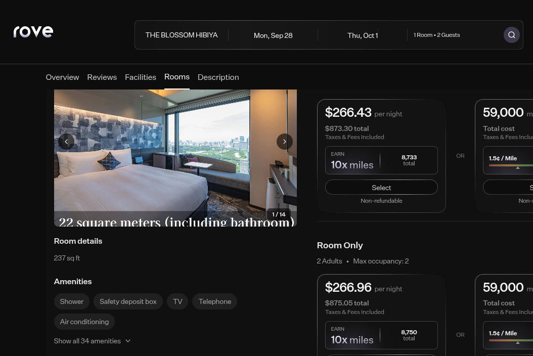 Rove hotel room rates and miles earned